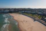 A drone shot of an empty Bondi Beach, covered in tracks left behind by lifeguard buggies