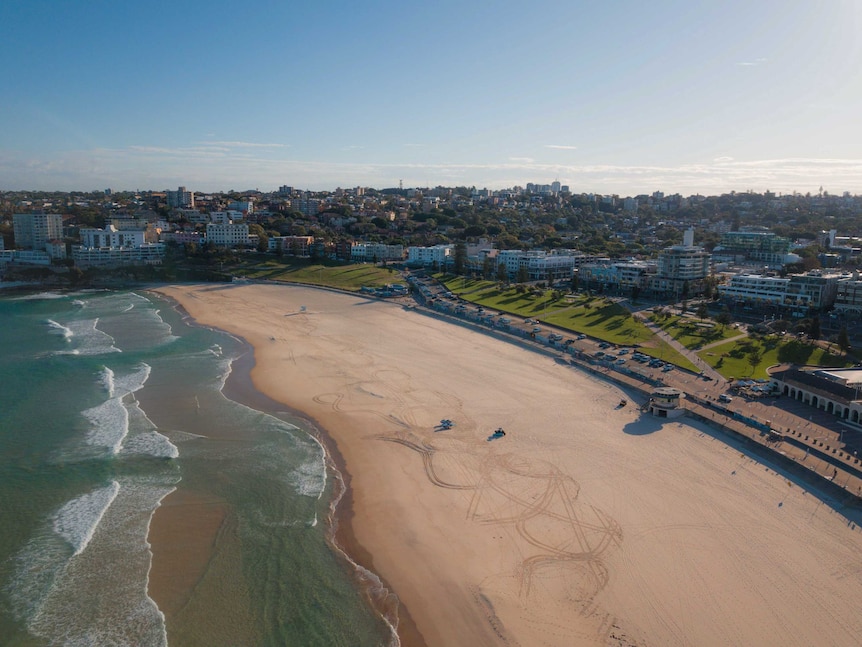 A drone shot of an empty Bondi Beach, covered in tracks left behind by lifeguard buggies