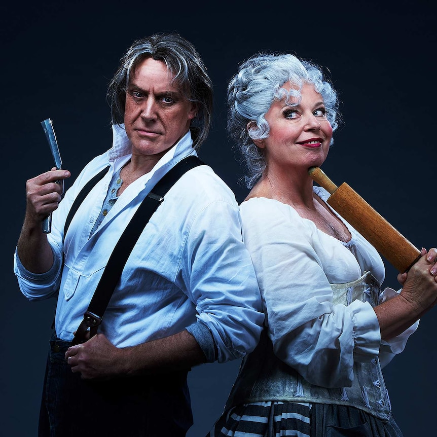Anthony Warlow (left) as Sweeney Todd with a razor and Gina Riley (right) as Mrs. Lovett with rolling pin.