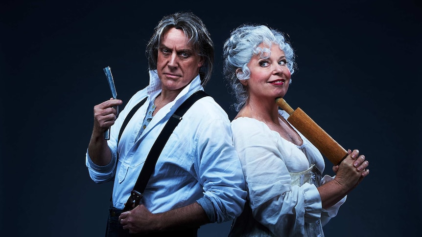Anthony Warlow (left) as Sweeney Todd with a razor and Gina Riley (right) as Mrs. Lovett with rolling pin.