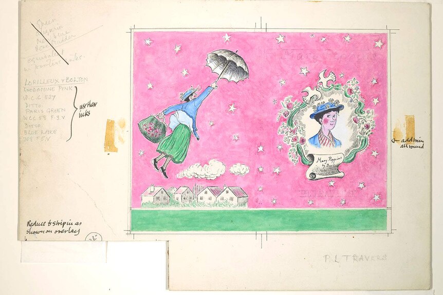An early drawing for the Mary Poppins books with notes from the author P.L Travers and illustrator Mary Shepard.
