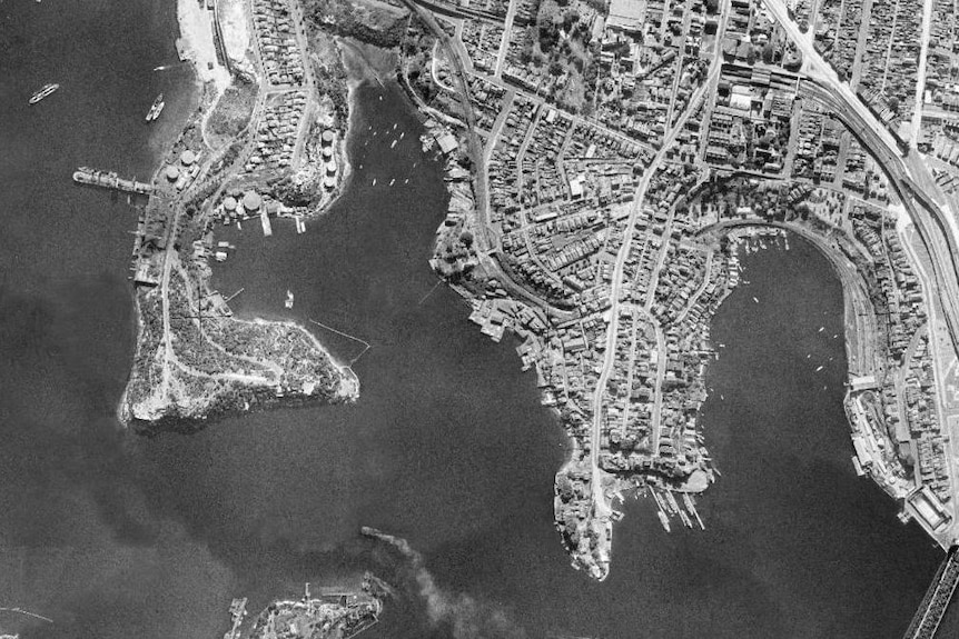 Balls Head Reserve from the air in 1943 shows it was still regrowing after industrial development in the 1920s.