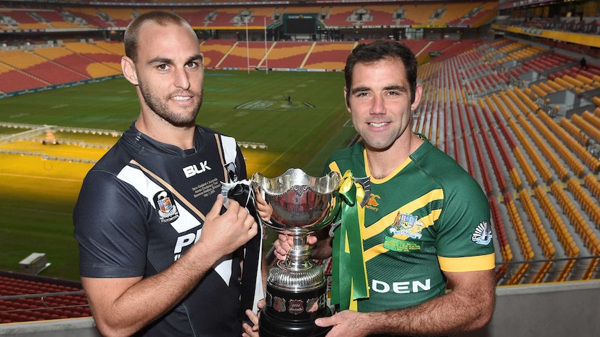 Mannering and Smith pose with Anzac Test trophy