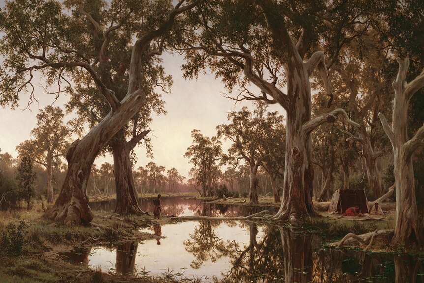 Landscape painting in the 19th century European romantic style, showing river over-hung with gums, and three indigenous figures.