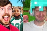 MrBeast smiles at the camera in a pink jumpsuit while pewdiepie frowns in a minecraft helmet on the left.