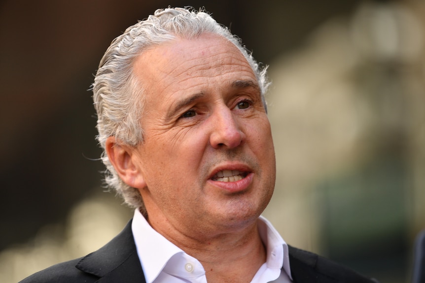 A close-up of a man with grey hair as he speaks