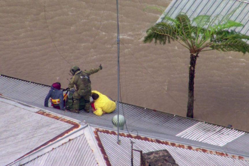 Three people on a roof, pointing, surrounded by water.