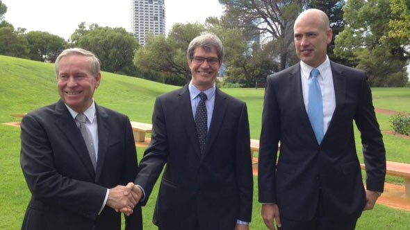 After a cabinet reshuffle, the Premier Colin Barnett, Mike Nahan and Dean Nalder gathered outside parliament
