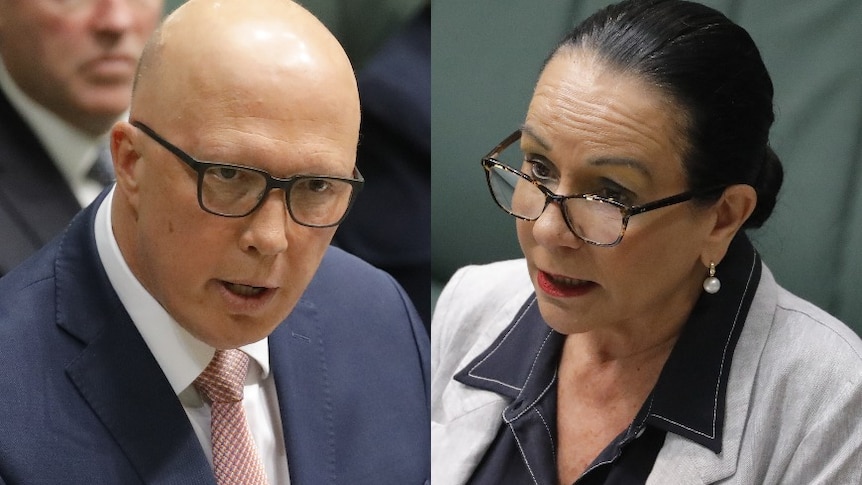 A composite image of Peter Dutton and Linda Burney. He is speaking sternly and she is listening intently. 