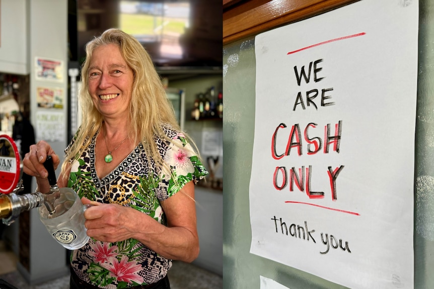 Composite image of woman pouring a beer and a cash only sign on the door