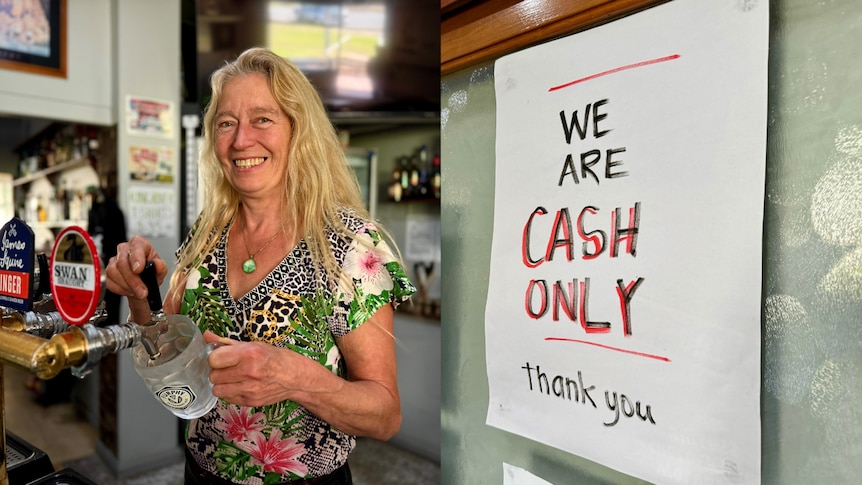 Composite image of woman pouring a beer and a cash only sign on the door