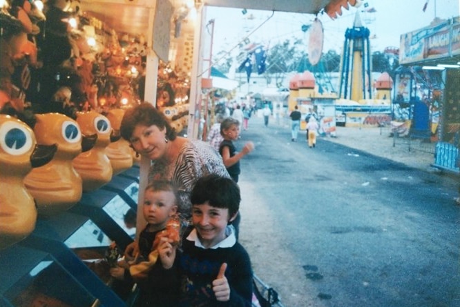 Rosslyn Winning and her two boys at the Ekka 1989