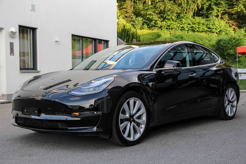 A black Tesla Model 3 sedan is shown with large five-spoke alloy wheels and shrubbery in the distance.
