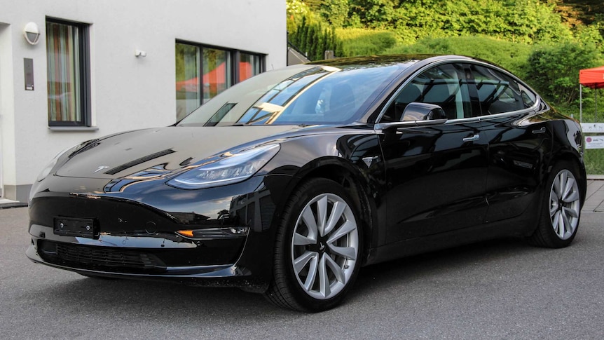 A black Tesla Model 3 sedan is shown with large five-spoke alloy wheels and shrubbery in the distance.