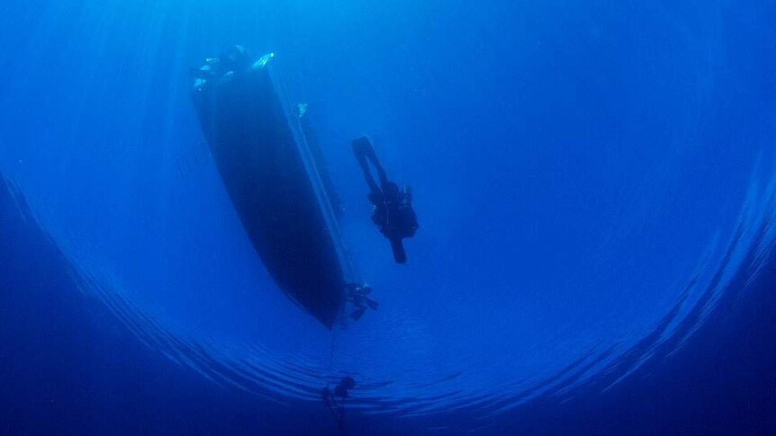 Photo looking up to diver and boat, from dive photographer Damien Siviero website.