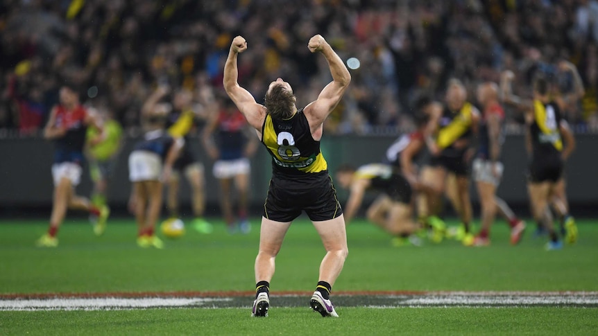Jack Riewoldt of the Tigers reacts after the final siren in Richmond's win over Melbourne.