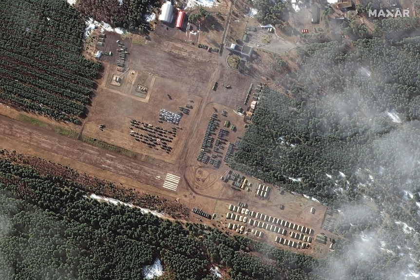 A satellite image shows an overview of a new deployment at V D Bolshoy Bokov airfield, near Mazyr