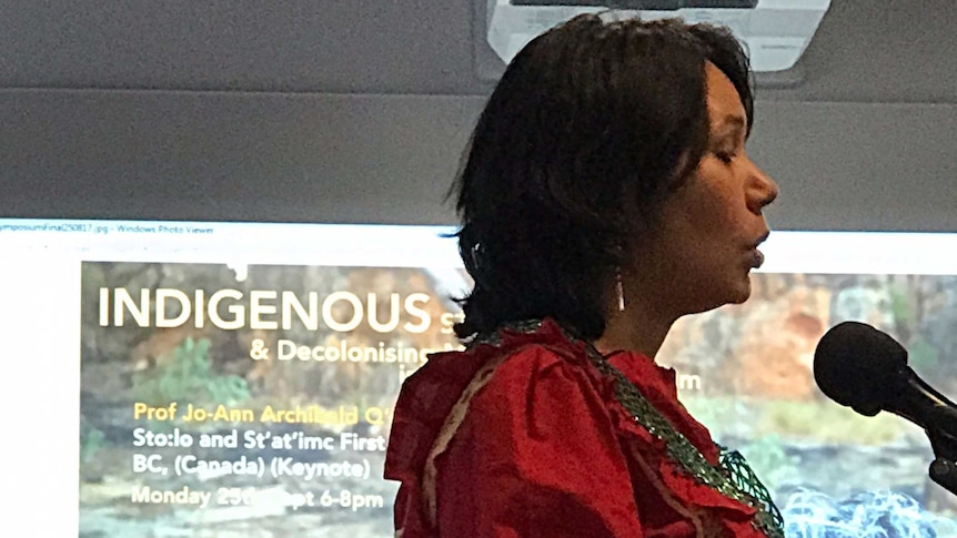 Dr Michelle Johnson-Jennings speaking at the Indigenous Storytelling and Decolonising Methodologies International Symposium UTS