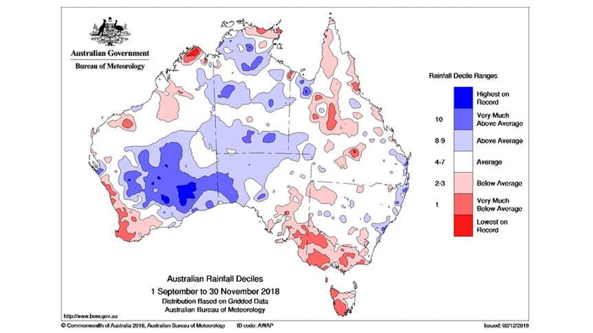 map of Australia where blue in NT and west WA suggest wet but  red in VIC and TAS in particular suggest dry