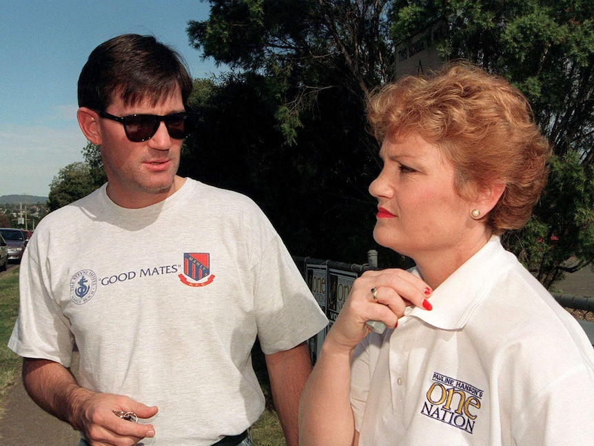 Pauline Hanson (R) and her chief political adviser David Oldfield (L) in Ipswich.