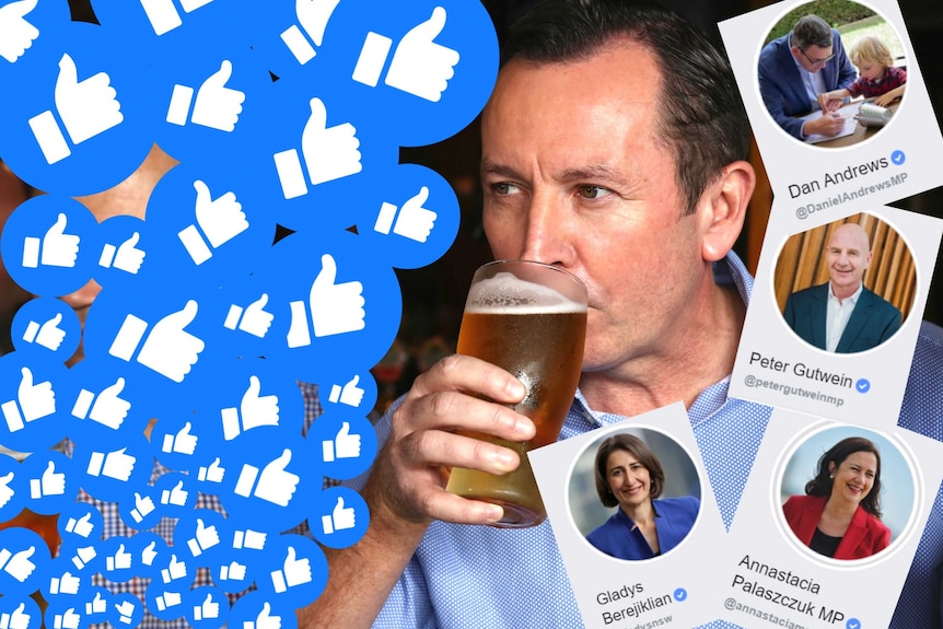 A photo of Mark McGowan drinking a beer with Facebook 'like' graphics superimposed on the image.