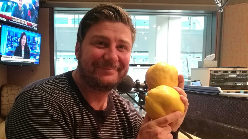 Scott Pickett sitting in the ABC Radio Melbourne studio in Southbank, holding two quinces.