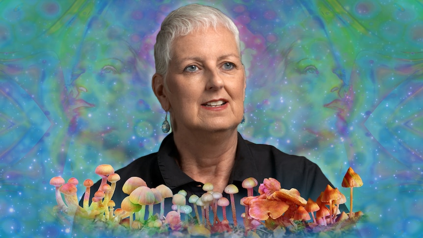 Aqua-coloured graphic image depicting a woman with short hair surrounded by psychadelic imagery and mushrooms