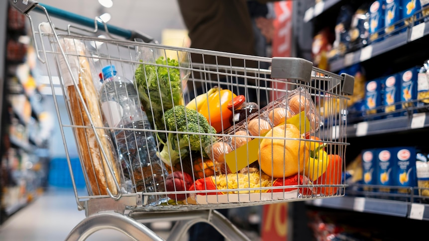 A shopping trolley full of essentials items like fruit, water, and eggs