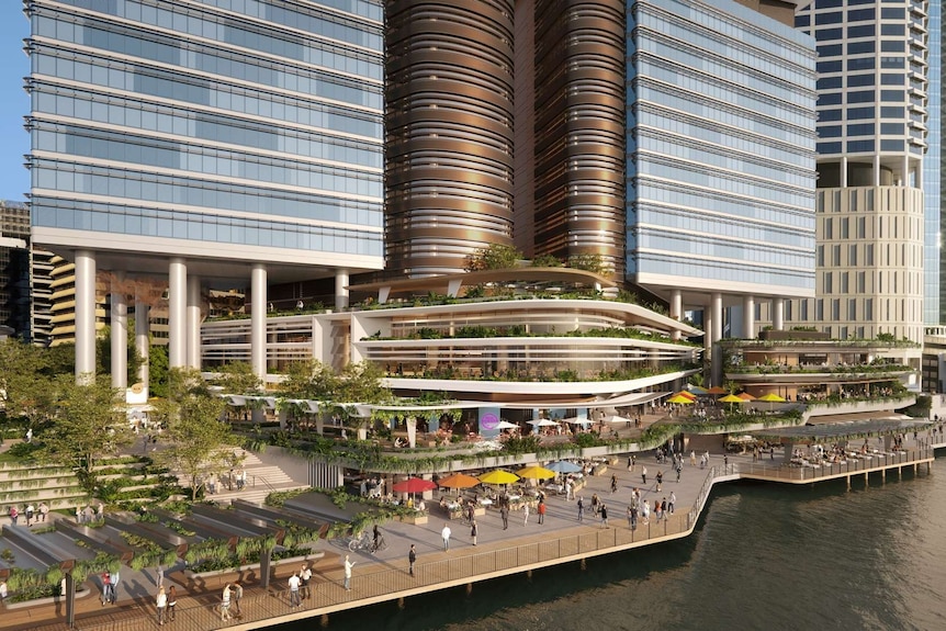 A concept image showing the proposed $2 billion Waterfront Brisbane including parks and walkways and restaurants
