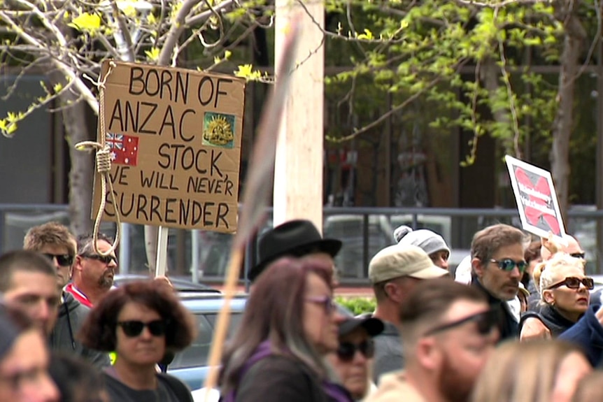 Protesters at an anti-COVID lockdown rally in Adelaide's Hindmarsh Square.