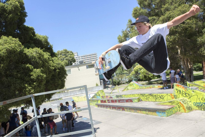 Young skateboarder and Olympic hopeful Jedd McKenzie does a trick.