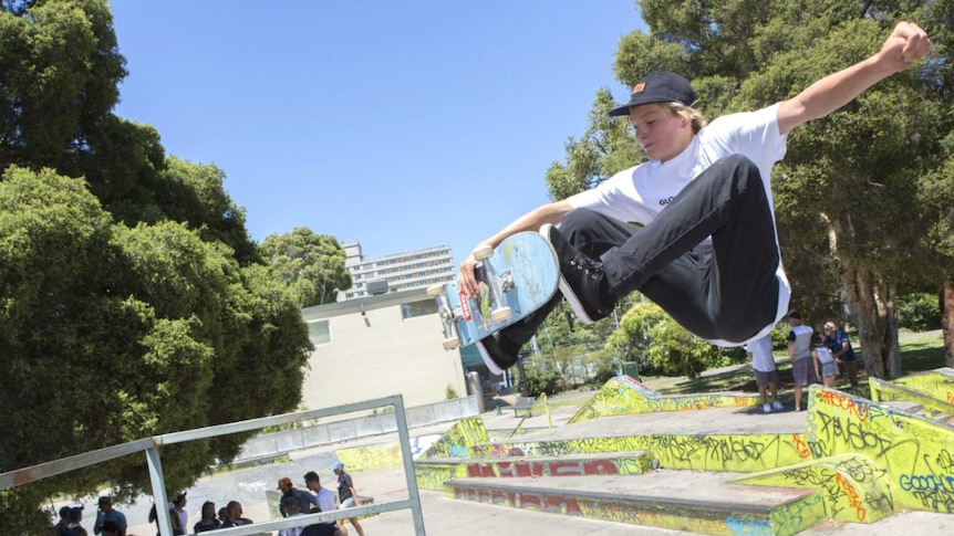 Young skateboarder and Olympic hopeful Jedd McKenzie does a trick.