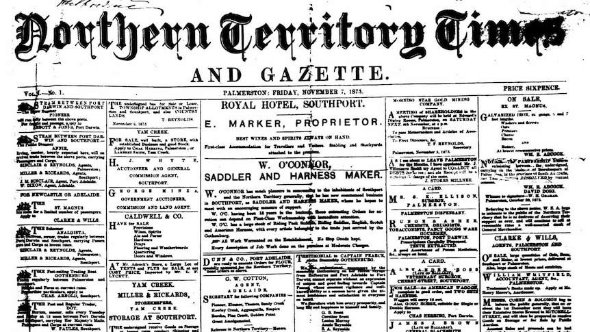 A scan of the front page of the Northern Territory Times and Gazette in 1873.