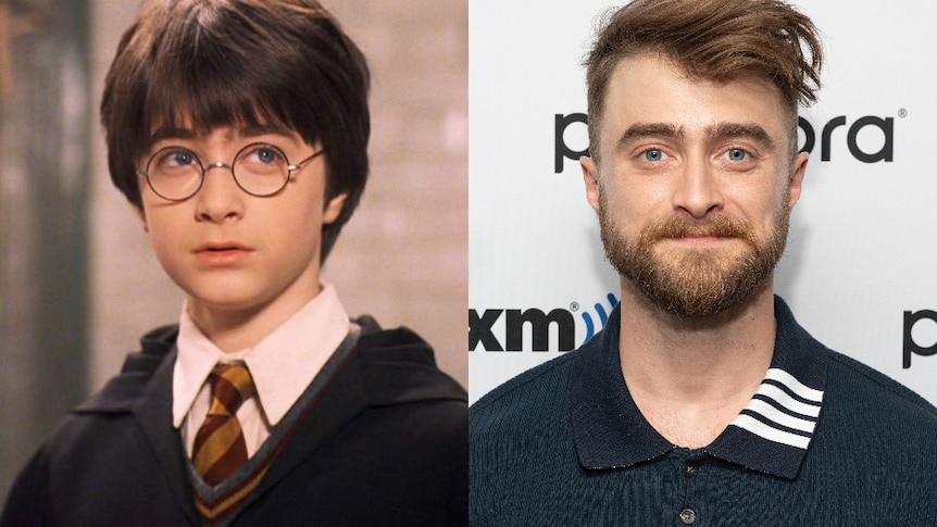 A composite image of a young Harry Potter and Daniel Radcliffe as an adult.