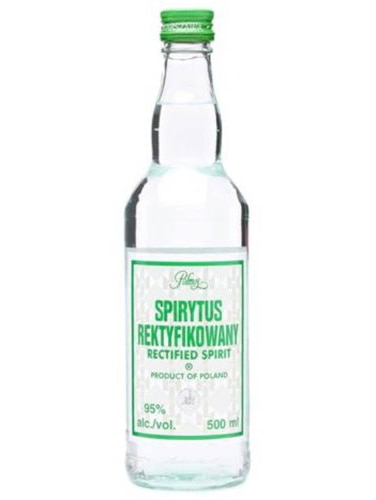 A bottle of high-strength Polish alcohol Polmos Spiritus Rektyifkowany, commonly known as Polmos.