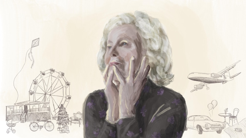 A watercolour illustration of a woman in her 70s looking pensive with her hands held up to her face. 