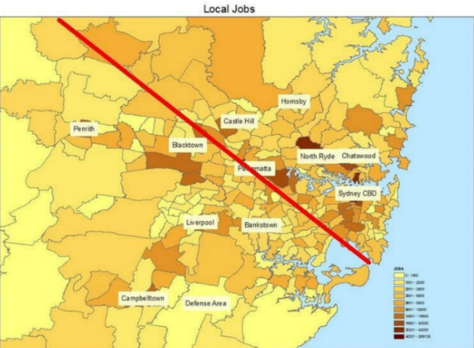 A map showing a concentration of jobs in the eastern and northern suburbs.