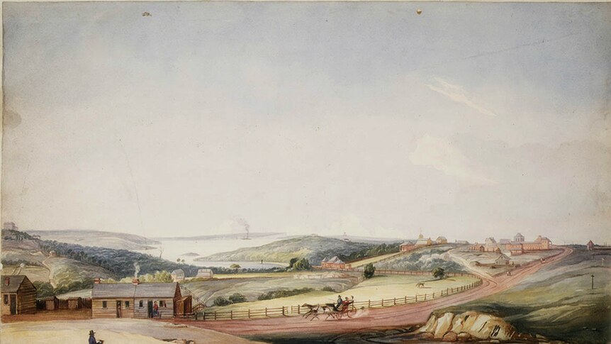 A painting of The Old South Head Road above Rushcutters Bay looking towards Paddington around 1842.