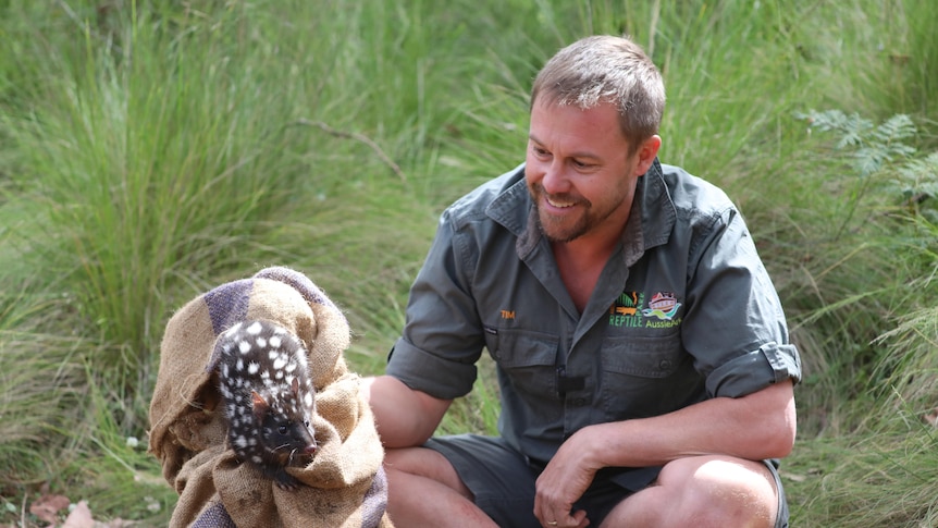 Tim Faulkner sits on the ground smiling at an eastern quoll in a bush landscape