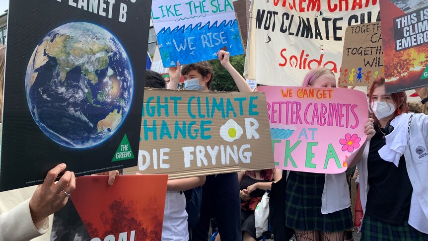 Kids hold signs with slogans calling for action on climate change
