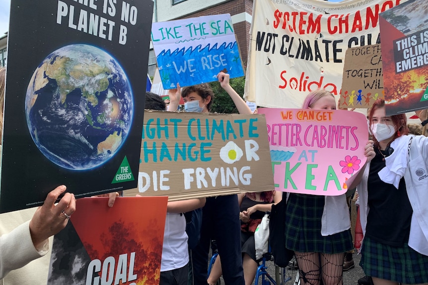 Kids hold signs with slogans calling for action on climate change