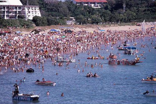 Mindil Beach covered by people at the beer can regatta in Darwin during the 1980s
