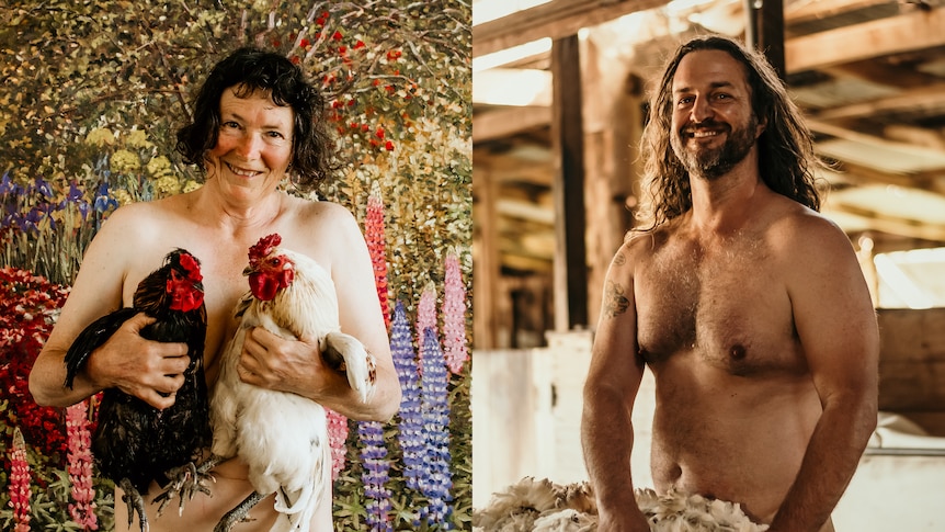 A composite image of a naked woman holding hens and a man with a naked torso.