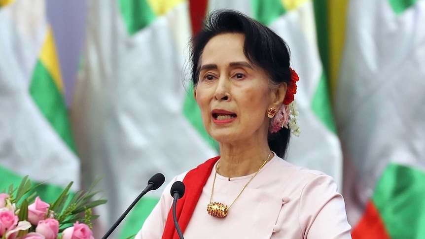 Myanmar's State Counsellor Aung San Suu Kyi delivers an opening speech.