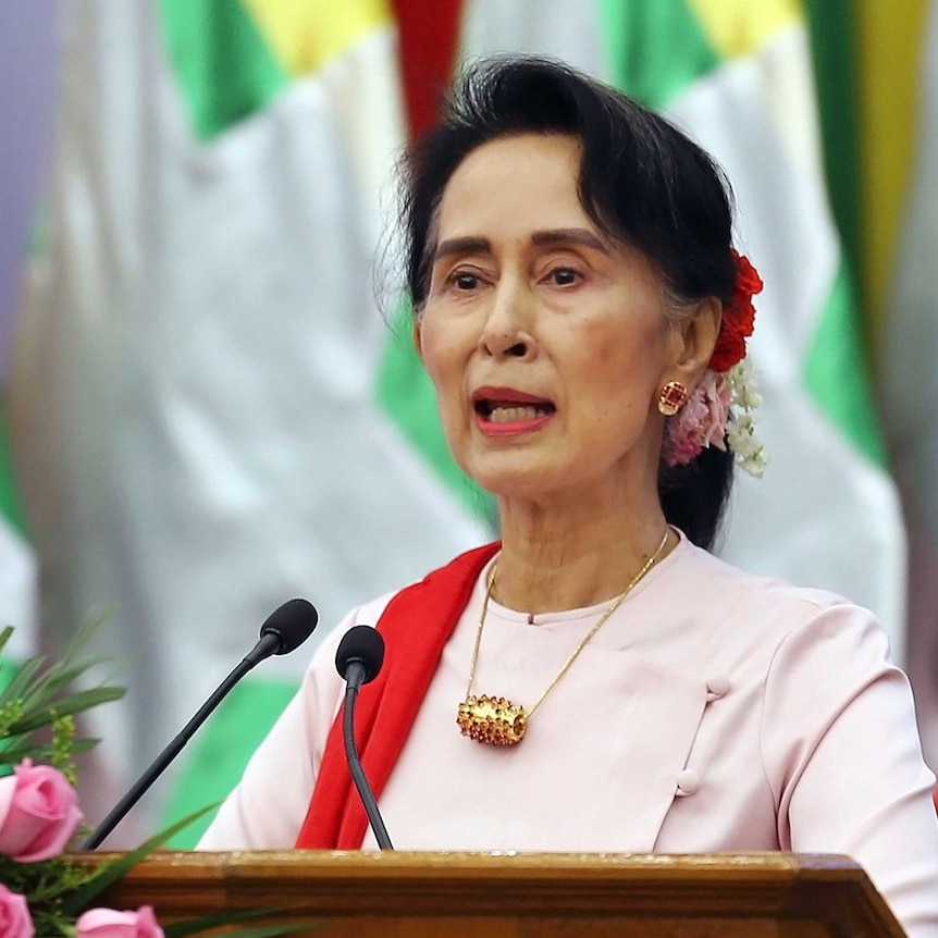 Myanmar's State Counsellor Aung San Suu Kyi delivers an opening speech.