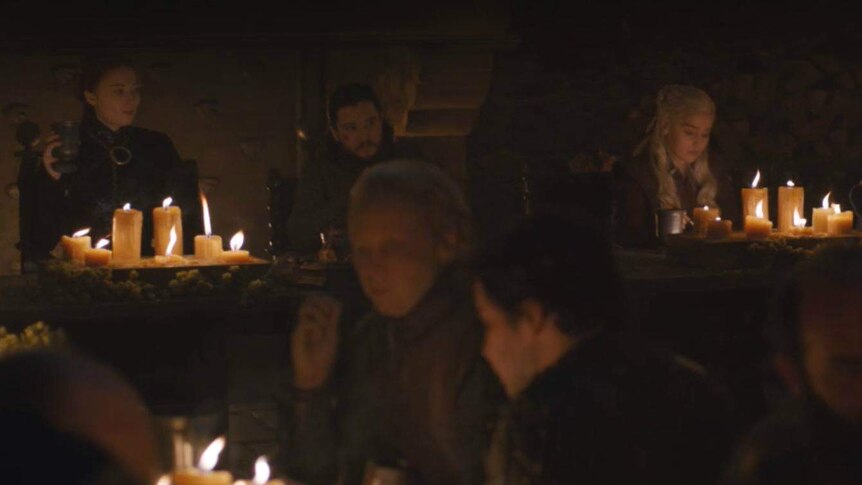 A still image of HBO's Game of Thrones featuring Jon Snow, Sansa Stark and Daenerys Targaryen