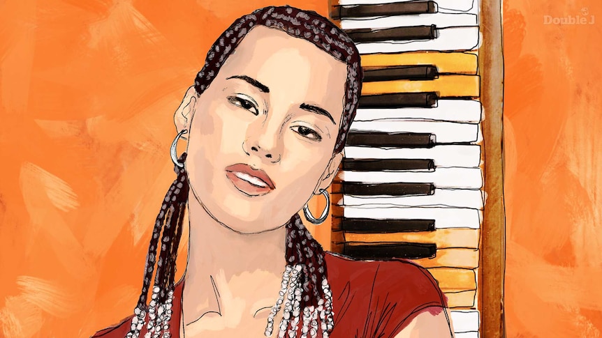 An illustration of American singer-songwriter Alicia Keys with a keyboard behind her