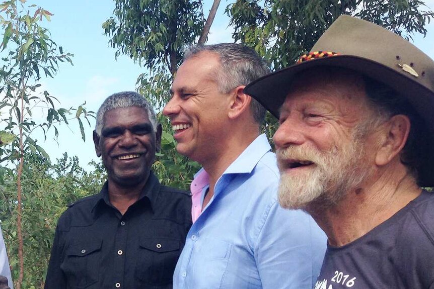 Adam Giles and CLP Nhulunbuy candidate Charlie Yunupingu, with actor Jack Thompson at Garma.