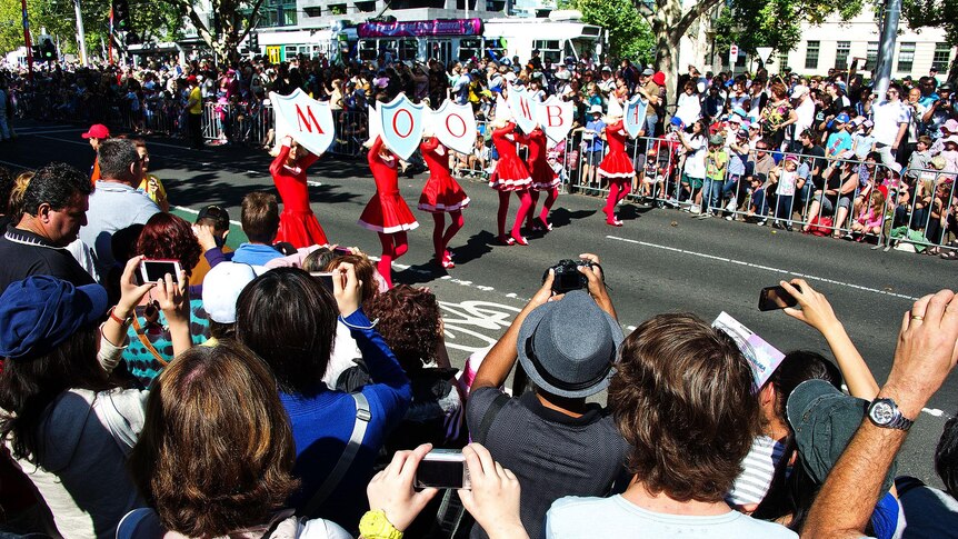Participants in the annual Moomba parade march down St Kilda Road.