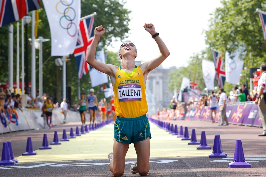 Australia's Jared Tallent celebrates winning silver in the 50km walk at the London Olympics.